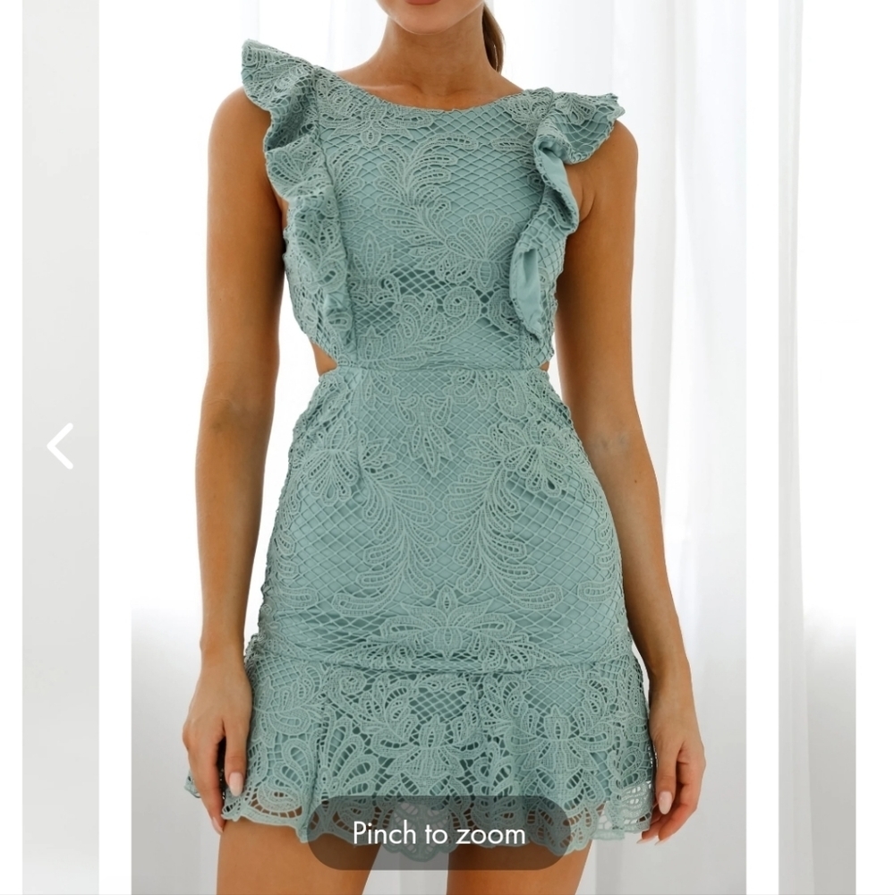 NWT- SELFIE LESLIE PINAFORE FILIGREE LACE DRESS SAGE